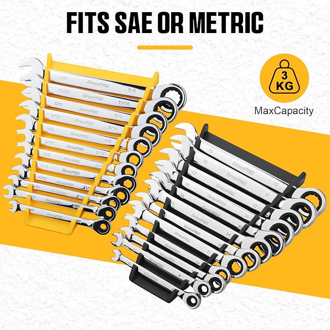 GRENPRO Wrench Organizer for Tool Box, 2 Pack Magnetic Wrench Holders Organizers, Storage for Tool Box Drawer, SAE 1/4" - 15/16" & Metric 6 MM-24 MM Wrenchs Rack