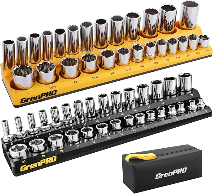 Socket Organizer, GRENPRO Socket Holder Set, 2 Piece SAE & Metric Socket Trays Includes 3/8" Drive Holds 52 Sockets