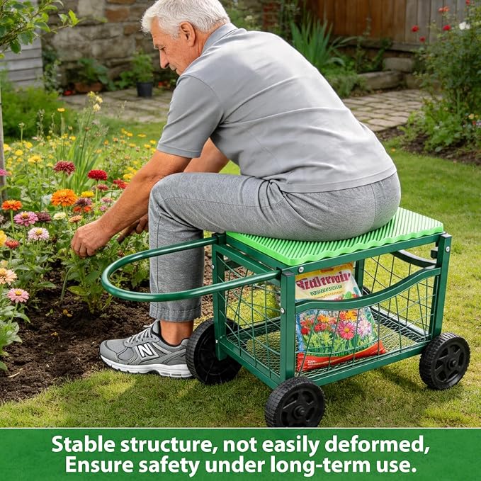 Garden Work Chair with Wheels, Heavy-Duty Gardening Cart with Seat - Garden Stool with Wheels for Lawns, Patios and Backyard Gardening, Hold Max. 350lbs