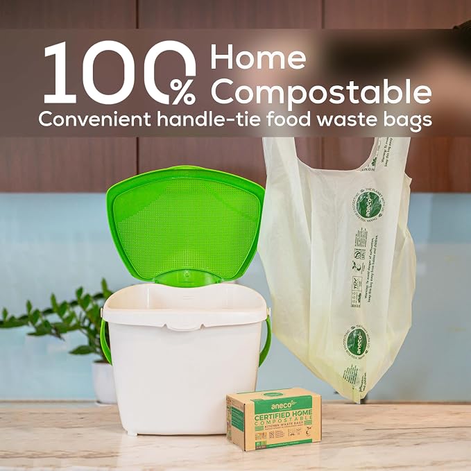 ANECO Compostable Food Waste Bags 3 Gallon With Handles (30 Count), Extra Strong Compost Bags for Kitchen Countertop Bin - BPI & OK Compost HOME Certified Small Garbage Bags With Handles