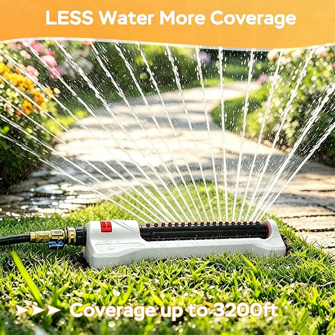 Lawn sprinklers for Yard, Lawn and Garden Covers Up to 3,200 sq. ft., Heavy Duty Metal Lawn Sprinkler with 19 Precision Nozzles, Adjustable Range Watering System with Independent Front & Back Control
