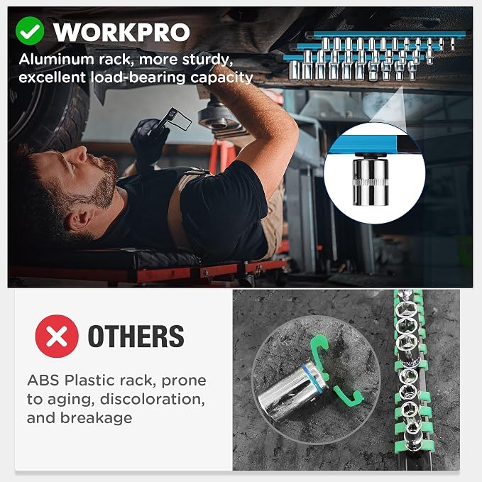 WORKPRO Magnetic Socket Organizer, 3/8-Inch Drive Aluminum Alloy Socket Rail, Heavy Duty Socket Holder, Socket Rack Kit 3/8-Inch x 10 Clips Sky Blue (Socket not Included)