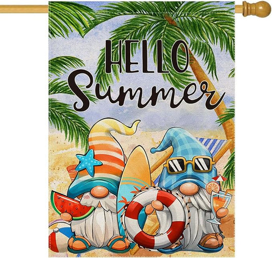 Hello Summer House Flags for Outdoor Decoration, Cartoon Gnomes at The Beach Large Yard Flag, Seasonal Decorative Celebration Decor for Spring Farmhouse Holiday Outside 28x40 Inch Vertical Double Sided