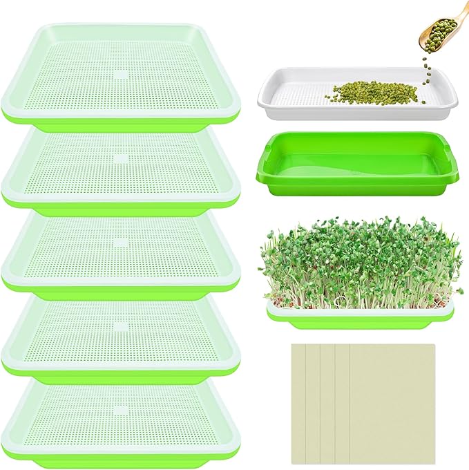 Legigo 5 Pack Green Seed Sprouter Trays- Soil-Free Cultivation Microgreens Tray, BPA Free Nursery Tray with Planting Paper for Indoors or Outdoors Sprouting Seeds, Grow Grass, Beans (Without Lids)