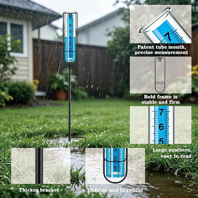 Rain Gauge, 7" Freeze Proof rain Gauge Outdoor Best Rated, Rain gauges for Yard with Stake,Large Clear Numbers and Adjustable Height -Decorative rain Measure Gauge for Garden, Deck, Lawn