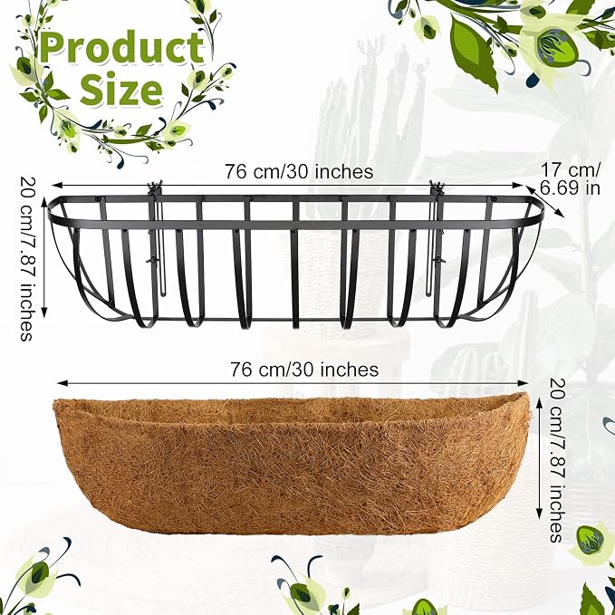 Tessco for you 4 Pieces Railing Planter Boxes, 30 Inches Window Box Planters with Coco Liner and Adjustable Brackets for Deck Porch Fence Patio Balcony Gardening Outdoor Plants