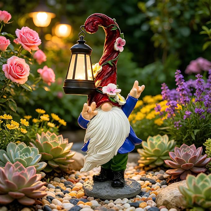 Garden Gnome Statue with Solar Lights 13.7" Garden Sculptures Gnomes Decorations Gnome Outdoor Patio Lawn Yard Balcony Birthday Gift for Mom Grandma(Left Light)