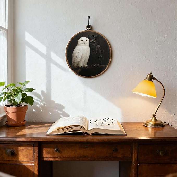 DOFQZ Vintage Black and White Owl Round Wall Art Decor, Dark Academia Gothic Owl Framed Wall Art, Moody Animal Bird Canvas Wall Hanging Decor for Home Bedroom Living Room, 10x10