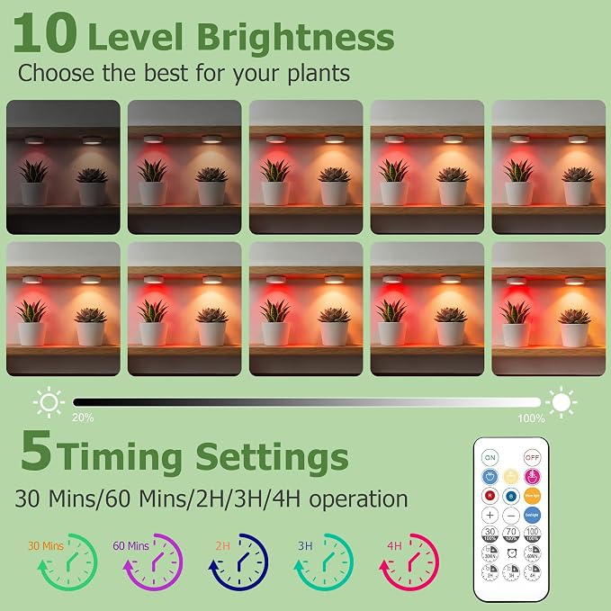 2 Pack Rechargeable Magnetic Grow Light, Full Spectrum Indoor Plant Light with Timer & Remote, Seedling/Growth/Bloom Presets, Stepless Dimming,Type-C Charging 2000mAh, Plant Lights for Indoor Growing