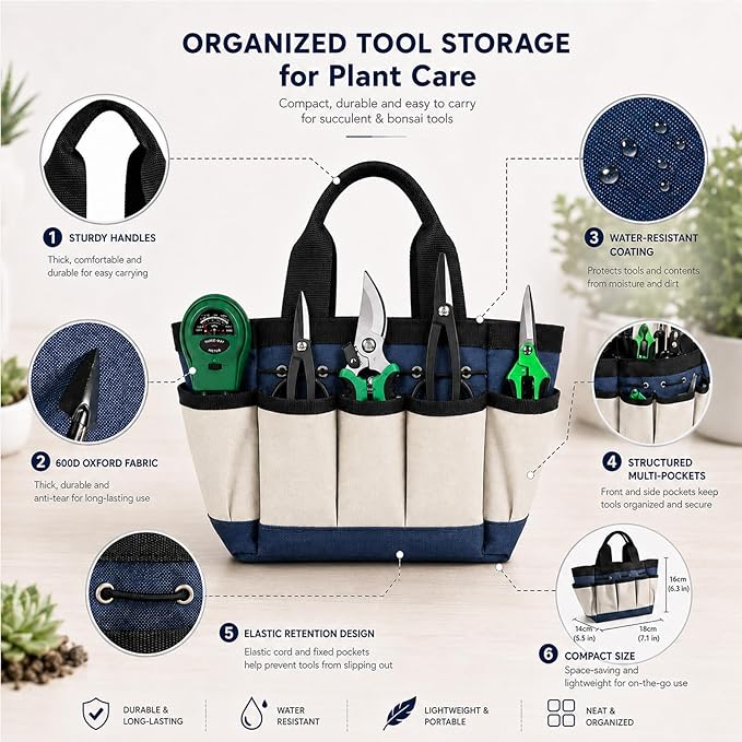 25 Pcs Succulent & Bonsai Tools Set for Beginners, Indoor Plant Care Tool Set with Repotting Mat, Organizer Tote, Soil Moisture Meter, Pruning Shears, Mini Garden Tools, Gardening Gift for Women Men