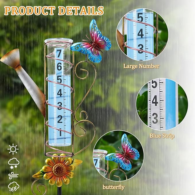 WONDER GARDEN Rain Gauge Outdoor, Decorative Kettle-Shape Rain Gauges Outdoors Best Rated, Freeze Proof Glass Water Rain Measure Gauge with Butterfly for Yard Patio Lawn Decor