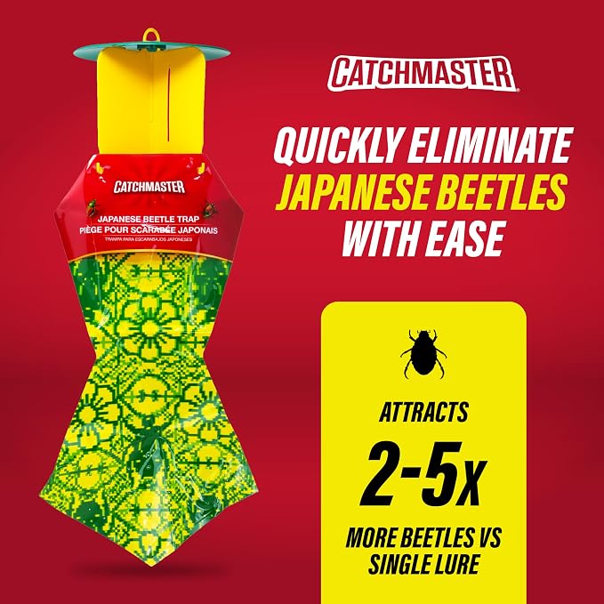 Catchmaster Japanese Beetle Traps w/Rain-Proof Cap 3-Pack & Dual Lure, Beetle Bag Trap, Hanging Beetle Catcher, Pest Control for Backyard & Garden, Plants, Trees, Vegetables & Flowers