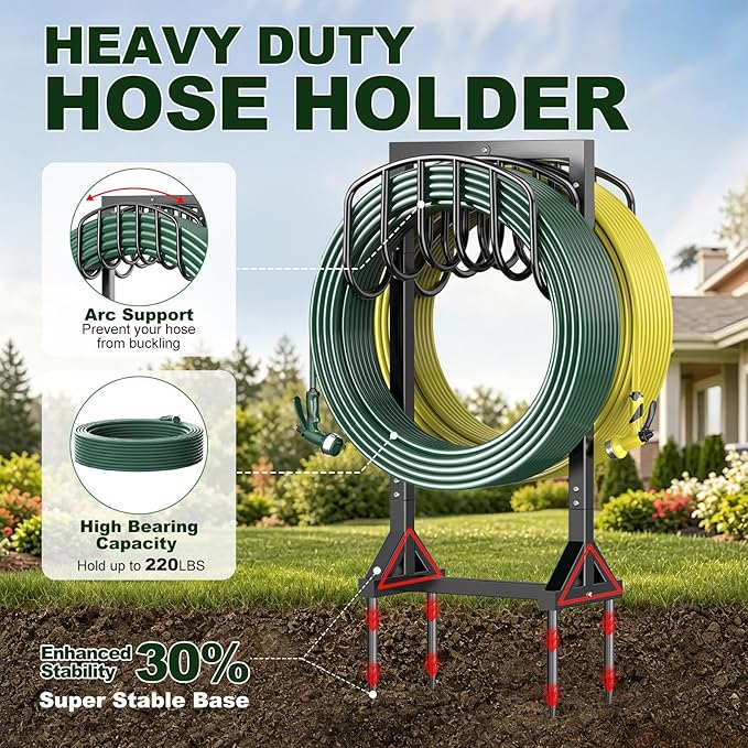 HeroicLion Garden Hose Holder Holds 2 x 151FT Hoses, Heavy-Duty Metal Freestanding Hose Stand Hanger with Stable Base, Rustproof Double Water Hose Holders for Outside Yard Lawn Farm, Black