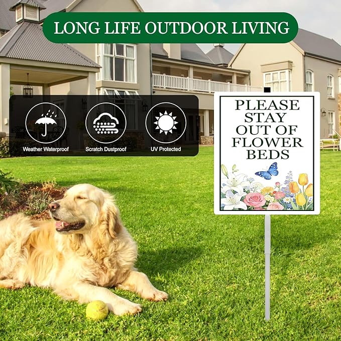 Please Stay Out Of Flower Beds Sign With Stakes Do Not Walk in Flower Bed Rustproof Reflective Aluminum Keep Off Pollinator Habitat Garden Yard Signs Outdoor 8x12 inches