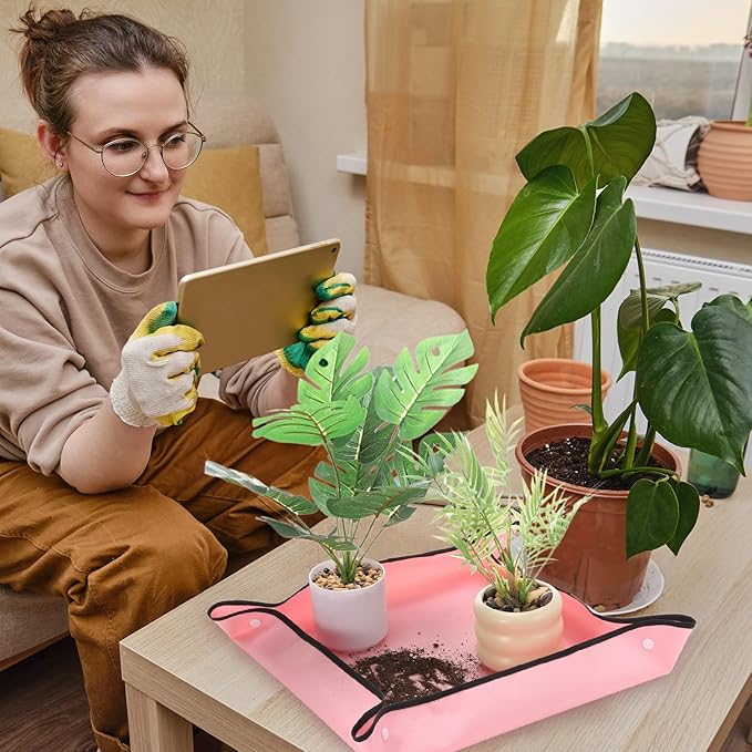 HARFINGTON Repotting Mat 19.7" x 19.7" Oxford Cloth Waterproof Plant Repotting Mat Foldable Portable Gardening Potting Tray with Plastic Buckle for Indoor Plant Change Soil, Pink