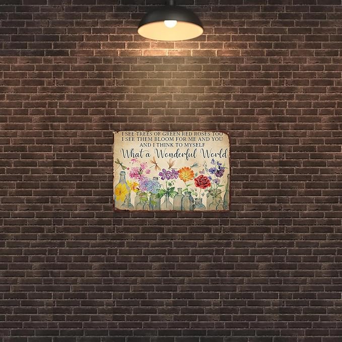 Gardening Sign What A Wonderful World Vintage Flower Tin Plate Sign for Outdoor Garden Greenhouse Yard 8x12 Inch