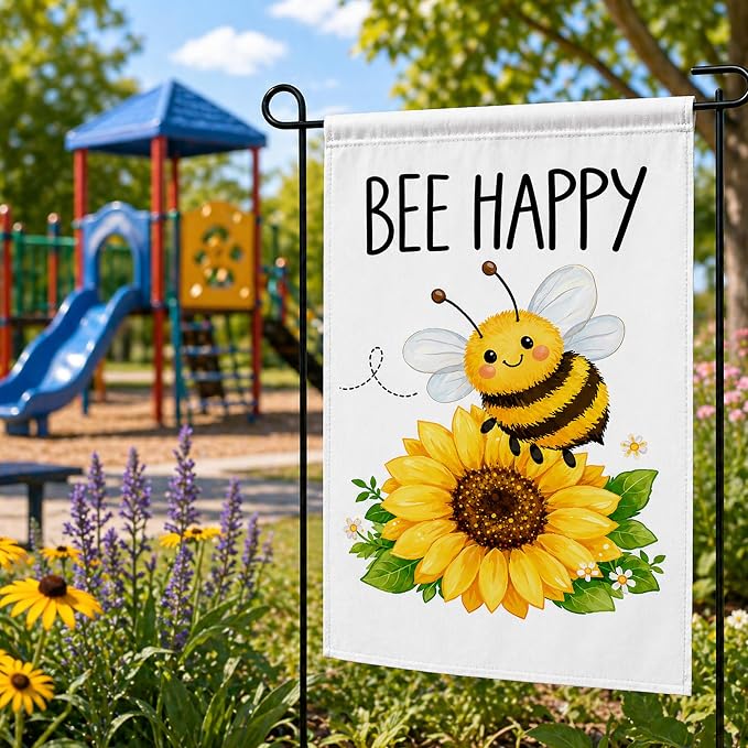 Summer Party Decorations - Bee Happy Summer Garden Flag | Double Sided Sunflower Welcome Yard Decor | Summer Party Accessories Backdrop Favors Supplies Decor for Garden Yard Porch Patio Lawn Outdoor Outside