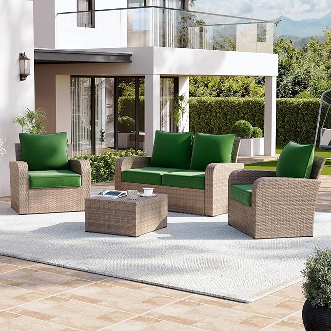 Aoxun Replacement Cushions for Outdoor Furniture, 4-Piece Outdoor Cushions for Patio Furniture, Deep Seat, Waterproof & Fade Resistant Couch Cushion for 4-Seat Patio Conversation Sets, Dark Green