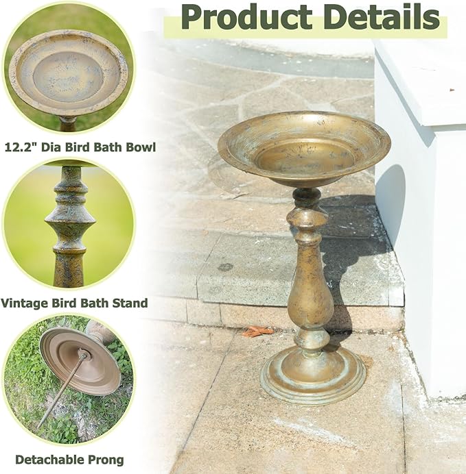 19”H Antique Pedestal Bird Bath, Bird Baths for Outdoors, Hand-Crafted Metal Bird Bath Bird Feeder Seed Tray for Garden Yard Decor.