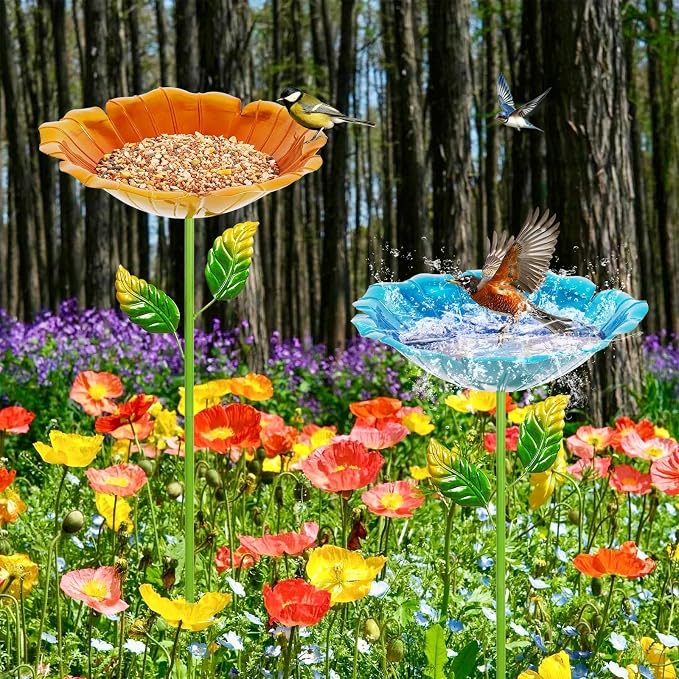 2 Pack Bird Baths for Outdoors, Colorful Metal Bird Bath for Outside, Hummingbird Bath with Five Stakes, Garden Flower Small Birdbath for Garden Decor, 31.3" H x 10.63" Dia (Blue,Yellow)