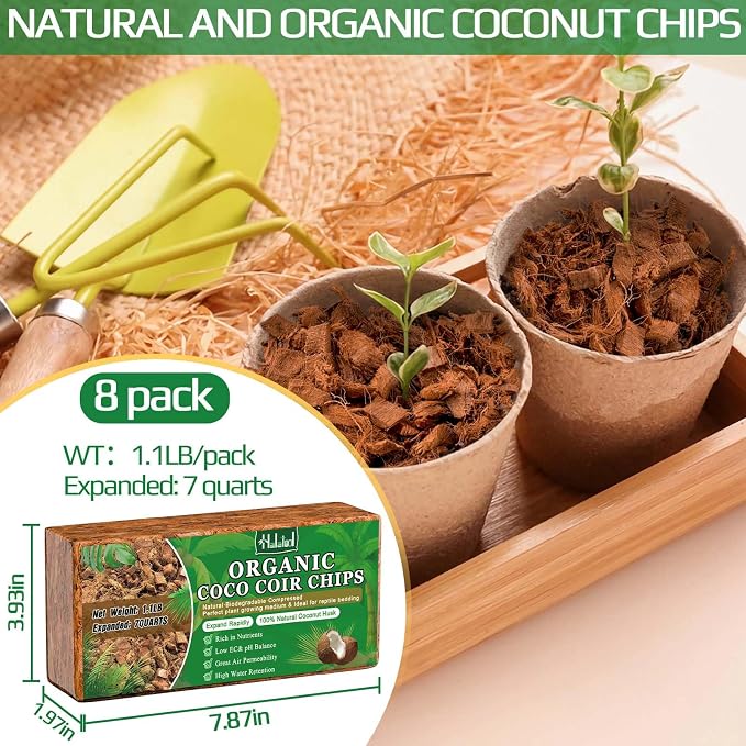 Halatool 8 Pcs Coco Husk Chips for Plants - 8.8 LB 100% Organic Coconut Coir Chips with Low EC and pH Balanced, Compressed Coco Substrate Growing Mulch Medium for Landscaping, Herbs, Plants, Flowers