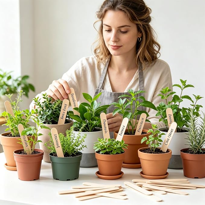 Whaline 200Pcs Wooden Plant Labels Waterproof Round Head Plant Sign Tags Birch Wood Garden Markers for Seed Potted Herbs Flowers Vegetables with 2 Gel Pen, 0.7 x 5.9 Inch