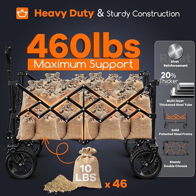 Originsure 220L Collapsible Wagon Cart Foldable, 330LBS Capacity Folding Heavy Duty Beach Wagons, Utility Carts for Groceries, Camping, Sports — Black