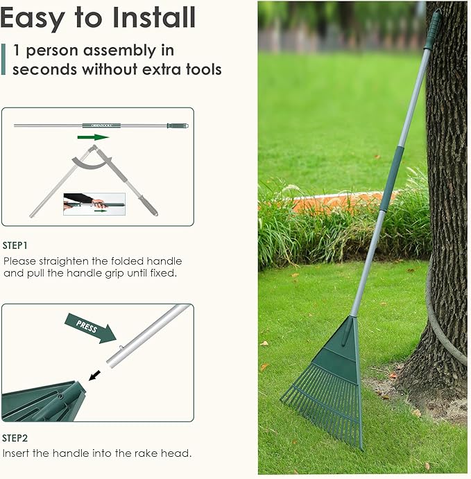 ORIENTOOLS 69" Adjustable Leaf Rake with 5-Section Handle, 26-Tine Durable Plastic Head, Dual-Use Design Converts to Leaf Scoops, Lightweight Yard Rake for Lawns, Grass, Shrubs & Garden (Foldable)
