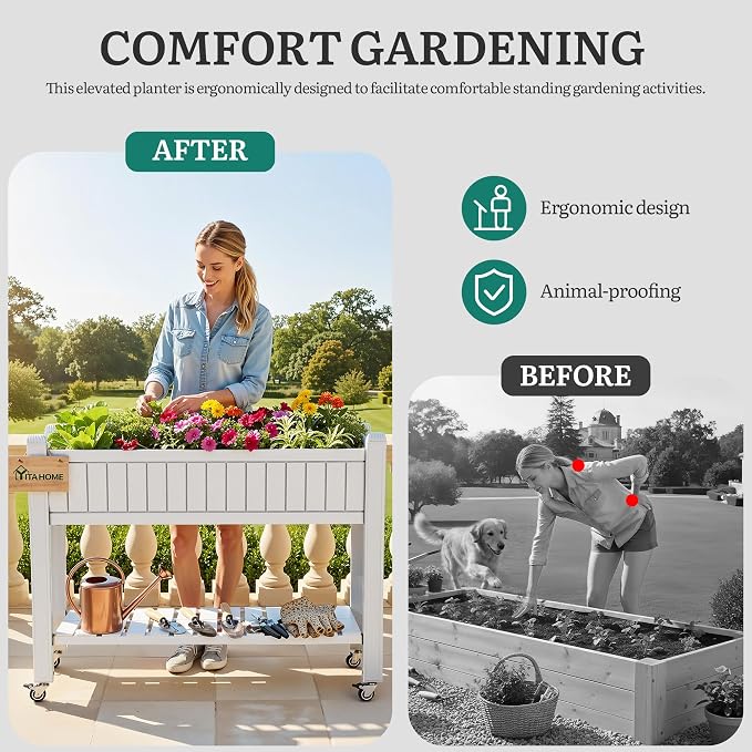 YITAHOME 42.5x17.3x35.4 in Raised Garden Bed, Outdoor Plastic Planter Box with Wheels, Legs, Drain Plug, and Storage Shelf for Plants, Vegetables, Flowers, Herbs, White