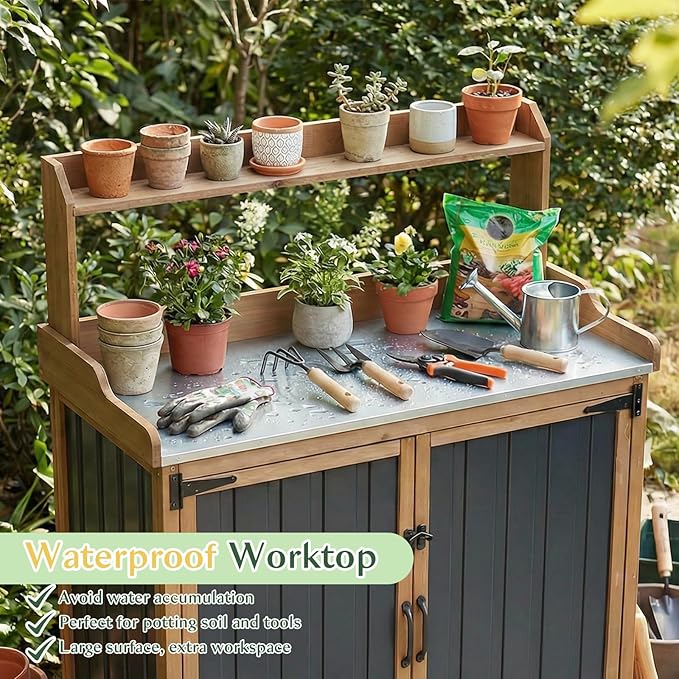 Outdoor Storage Cabinet with 4 Wheels and Handle, Metal & Wood Potting Bench Storage Cabinets with Waterproof Top, Removable Shelf, Potting Table & Workstation for Garden, Patio, Balcony, Garage