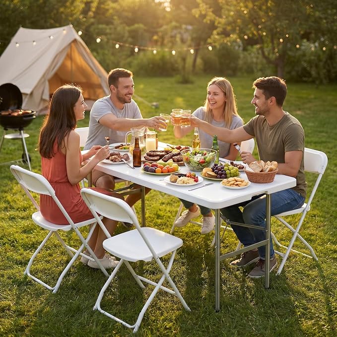 NEWBULIG 4 FT Foldable Table Easy to Fold and Store, Folding Picnic Table for Picnic Camping Kitchen Dining Party Outdoor Indoor with Carrying Handle, White