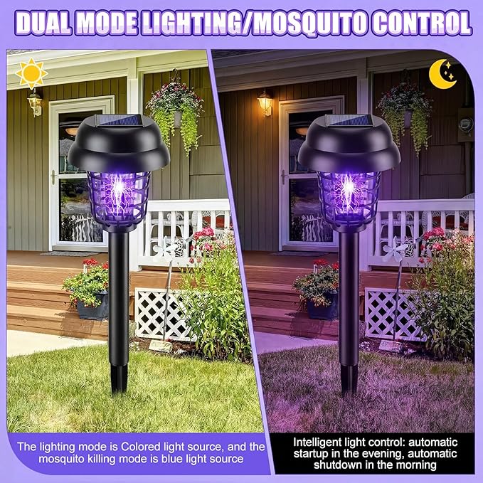 Qualirey 12 Pcs Solar Mosquito Zapper Outdoor Waterproof Solar Powered Bug Zapper Outdoor Mosquito Killer Lamp Trap Repellent Light for Garden Yard Insect (Purple and Colorful Light,Black)
