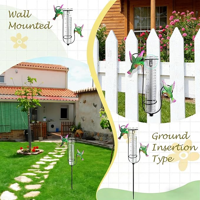 Rain Gauge Outdoor with Thermometer, 7" Freeze Proof Rain Gauges Outdoors Best Rated, Accurate & Easy to Read, Decorative Rain Measure Gauge for Yard Garden Patio (Hummingbird)