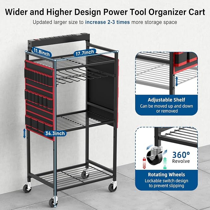 JUNNUJ Garage Large Power Tool Organizer Cart with 8 Outlet 3 USB Charging Station, Floor Rolling Drill and Tools Battery Storage Cart on Wheels, Heavy Duty Utility Rack Shelf with 10 FT Power Strip