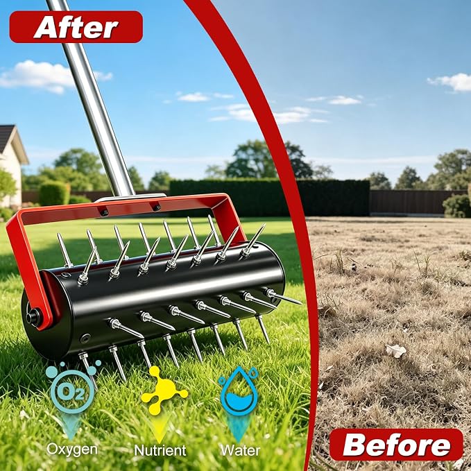 Rolling Lawn Aerator Tool Heavy Duty Manual Push Aerator Lawn Tool with 42 Spikes Lawn Aerator Spike Tool Soil Penetrator Push Lawn Aeration (70in)