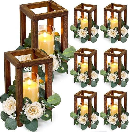 18 Pcs Wooden Lantern Centerpiece - Wedding Lantern with Roses Candles Rings LED Flameless Candles Rustic for Wedding Party Farmhouse Table Centerpieces Decor, Champagne Roses