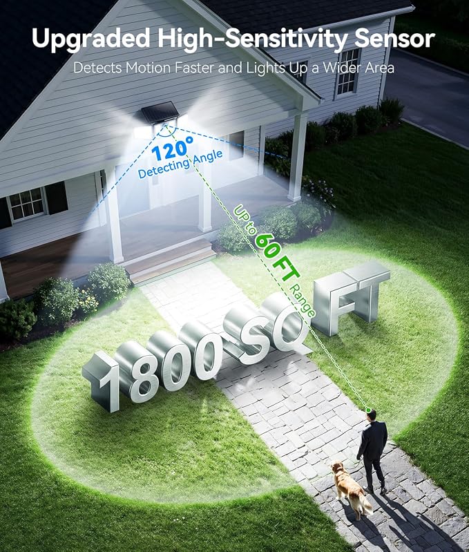 KOOPER Solar Flood Lights, 210 LED Motion Sensor Outdoor Lights, Solar Motion Lights Outdoor Waterproof, 3 Heads 300° Wide Angle Outdoor Security Lights for Yard Patio Garage Entryways, 1 Pack, Black