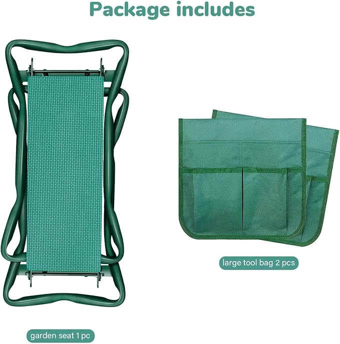 iPower Garden Kneeler and Seat with Sturdy Soft EVA Foam Pad, Foldable Kneeling Bench, 2 Tool Pouches Included, for Camping, Gardening, Fishing, Green