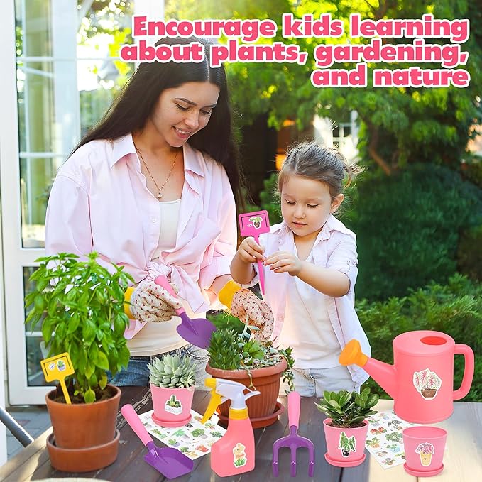CUTE STONE Kids Gardening Set, Garden Toys with Metal Kids Rake, Shovel, Trowel, Watering Can, Gloves, Tote Bag, Gardening Kit for Toddlers, Outdoor Playset Spring Summer Toys for Girls Boys
