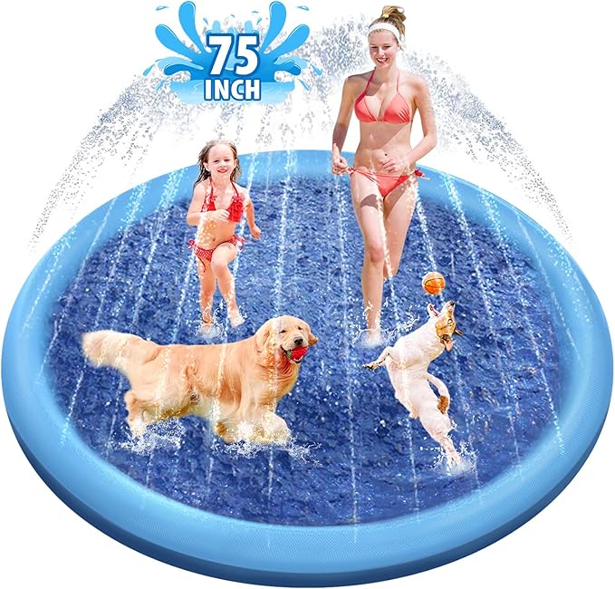 Raxurt Splash Pad, 75in Anti-Slip Splash Pad for Kids Dogs Thickened Durable Bath Pool Pet Summer Outdoor WaterToys Backyard Fountain Play Mat, Blue