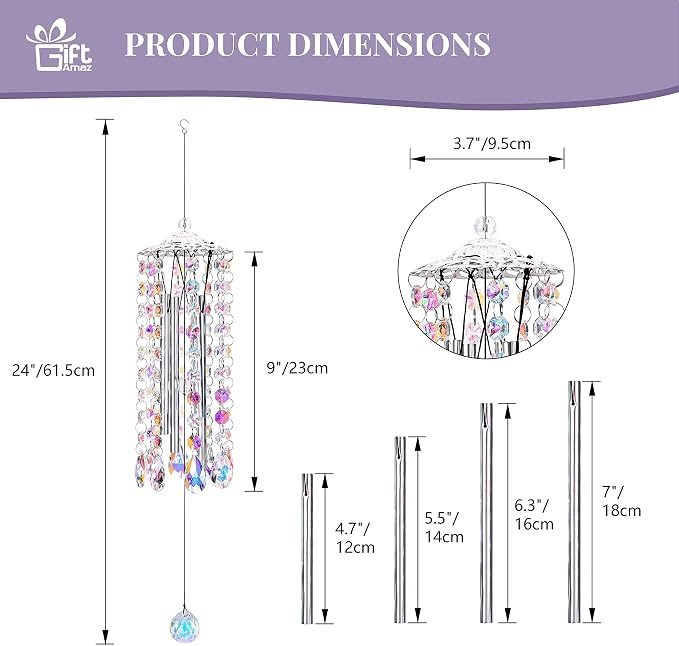 GiftAmaz Crystal Suncatcher Wind Chimes with 4 Tuned Tubes, Hanging Prism Rainbow Maker Chandelier Crystal Pendant Wind Chime Window Hanging Ornament Gift for Women Friends Home Garden Decor Birthday