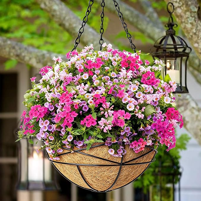 4 Pack 14 Inch Hanging Baskets for Plants Outdoor Large Flower Planters with Coco Liner for Outside Panting Watering Plant Pot Holder for Home Garden Porch Balcony Railings Decor
