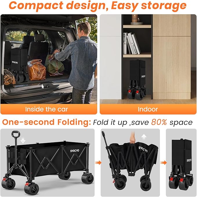 Beach Wagon Carts Foldable 570LBS Collapsible Wagon with Big All-Terrain Wheels for Sand 330L Heavy Duty Utility Carts with Cup Holders for Garden, Camping, Grocery, Black