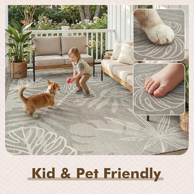 MontVoo-Outdoor Rug-Patio Rug 5x7 ft Polypropylene Indoor Outdoor Rugs Outdoor Carpet for Patio Deck Balcony Porch, Textured Weave, Durable for High Traffic, Fade-Resistant, Tropical Silver Grey