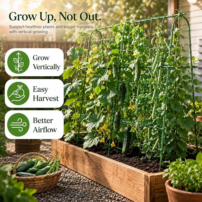 FOLLOOK Cucumber Trellis for Raised Garden Bed, Rustproof Metal Garden Arch Trellis for Climbing Plants Support Outdoor Fruit Grape Vine Vegetable Tomato Pole Bean Snap Pea Trellis, 48x48inch, Green
