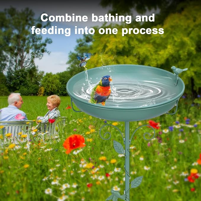 Bird Bath for Outside with 2 Bird Decor, Hummingbird on Pole & Sparrow on Bowl, 38.5 Inch Height Garden Birdbath, 12 Inch Antique Green Freestanding Birdfeeder Bath for Yard Patio