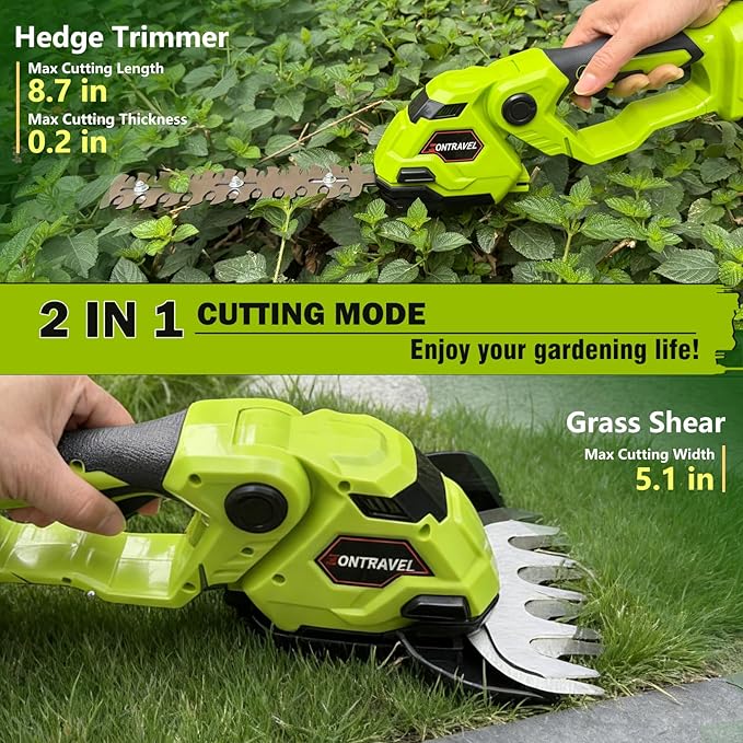 Cordless Hedge Trimmer & Grass Shears - 21V Electric Shrub Trimmer Grass Shears Handheld Grass Cutter, Hedge Shear with 2 PCS Rechargeable Battery, Charger and Toolbox to for Garden, Lawn (Green)