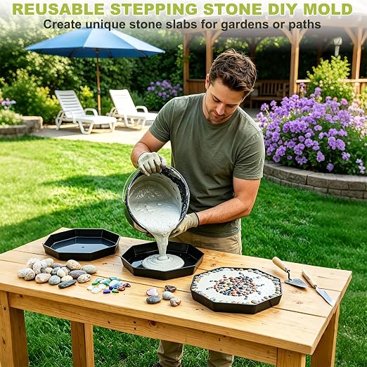 5 Pack Octagonal Stepping Stone, Reusable Heavy Duty Plastic Concrete, DIY Garden Path Walkway Patio Yard Lawn Decor Cement Molding (5, 10 in)