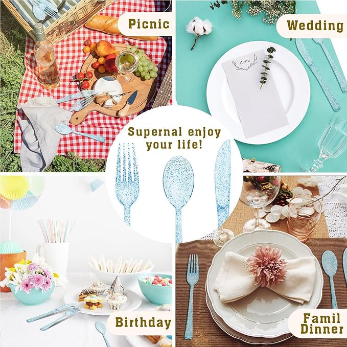 100 Pcs Blue Plastic Forks Blue Glitter Silverware Heavy Duty Plastic Utensils Disposable Cutlery Set for Brithday, Baby Shower, Picnic