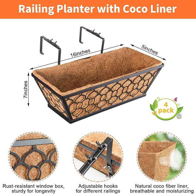 Riare 4 Pack 16 Inch Window Boxes Planters with Coco Liner, Metal Deck Railing Planter Boxes, Balcony Planters Railing Hanging, Horse Trough Window Flower Planter Boxes for Outdoor Porch Fence Patio